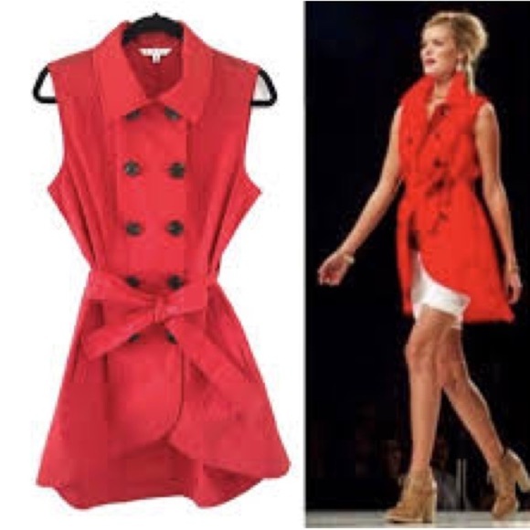 Cabi Poppy Red Runway High Low Button Front Sleeveless Trench Jacket Size 12 - Picture 1 of 10